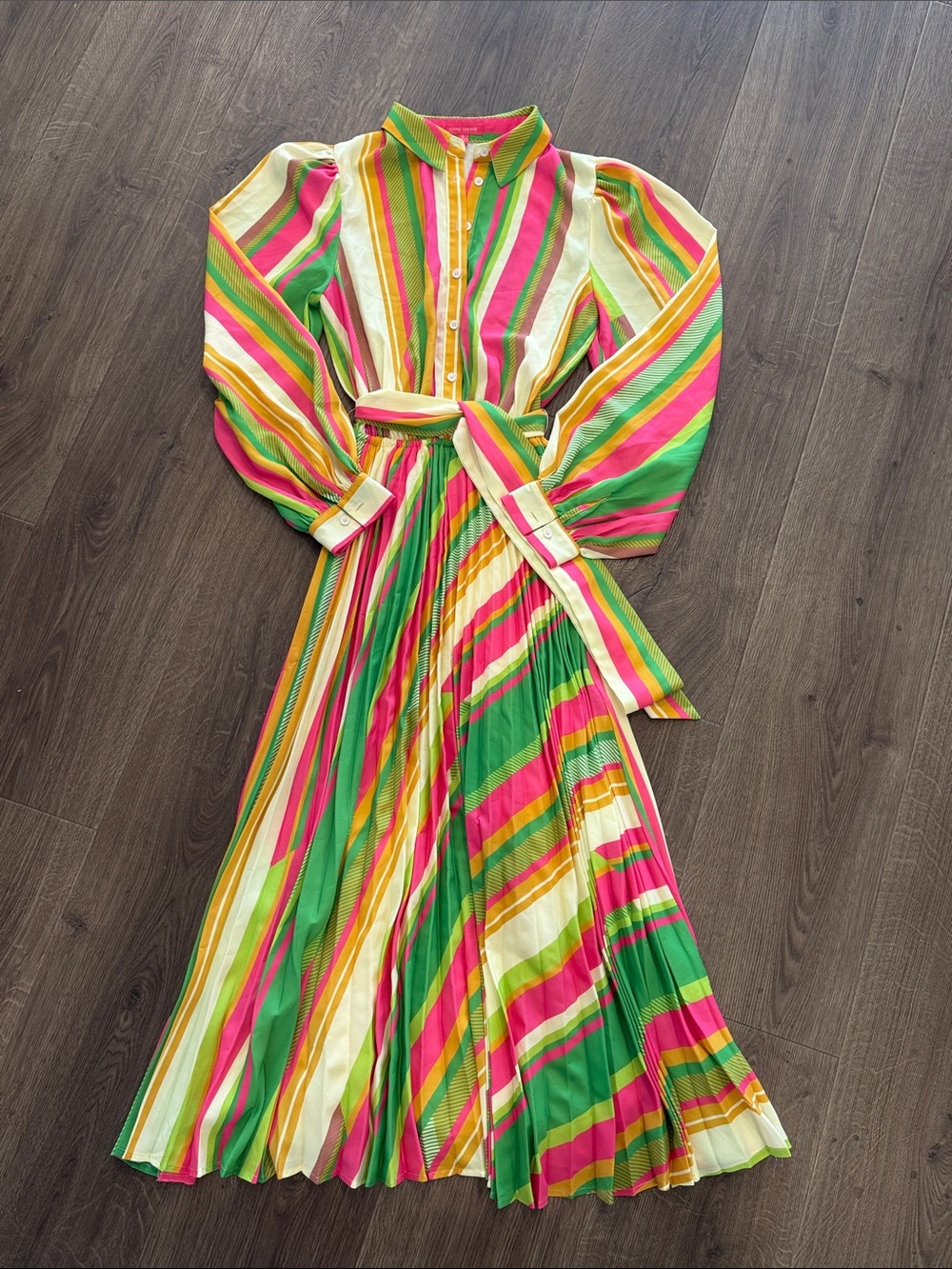 Flying Tomato Rainbow Stripe Pleated Maxi Dress Long Puff Sleeve Tie Waist Small - Picture 1 of 11